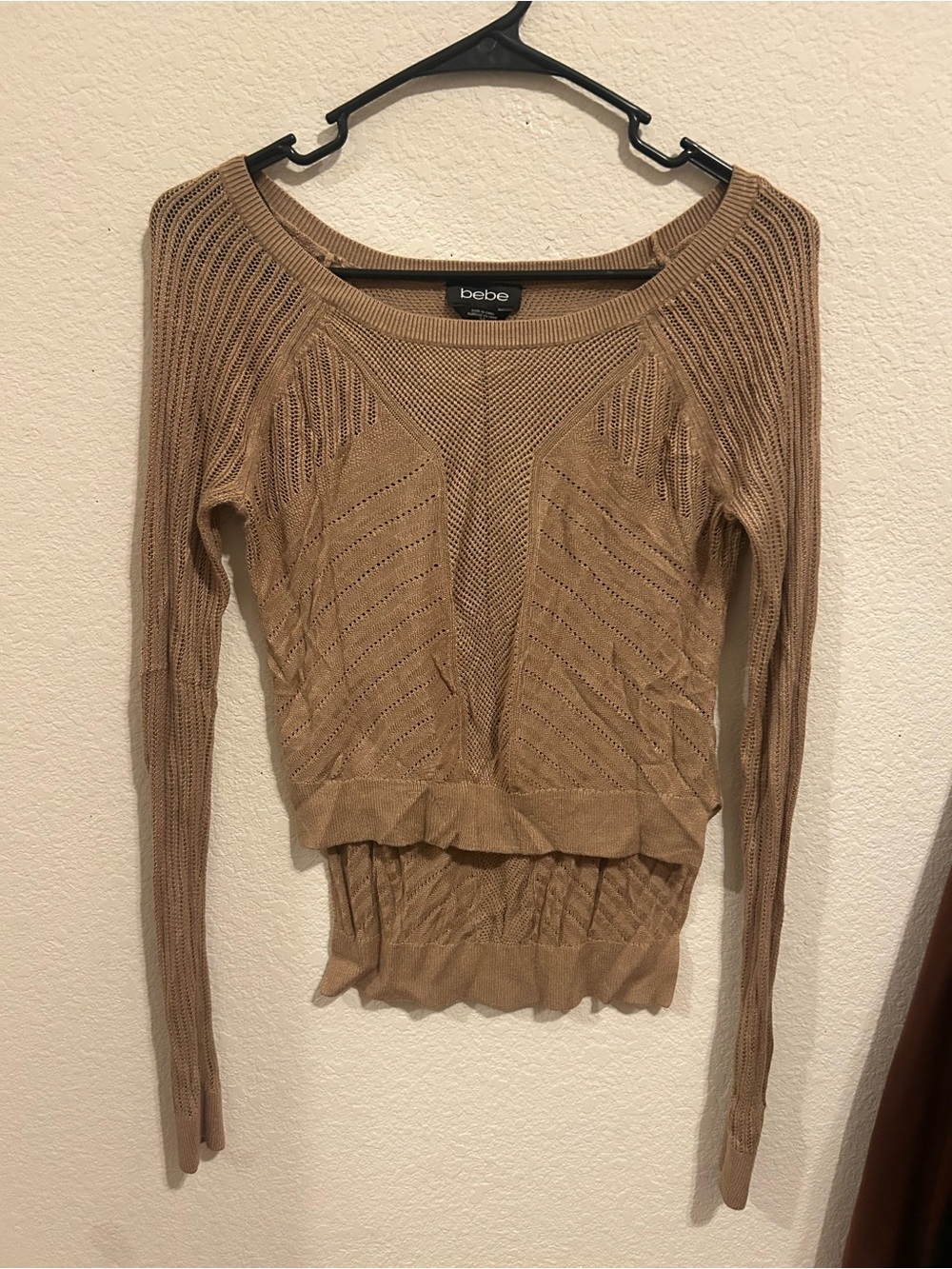 bebe Tan Ribbed Scoop-Neck Knit Top